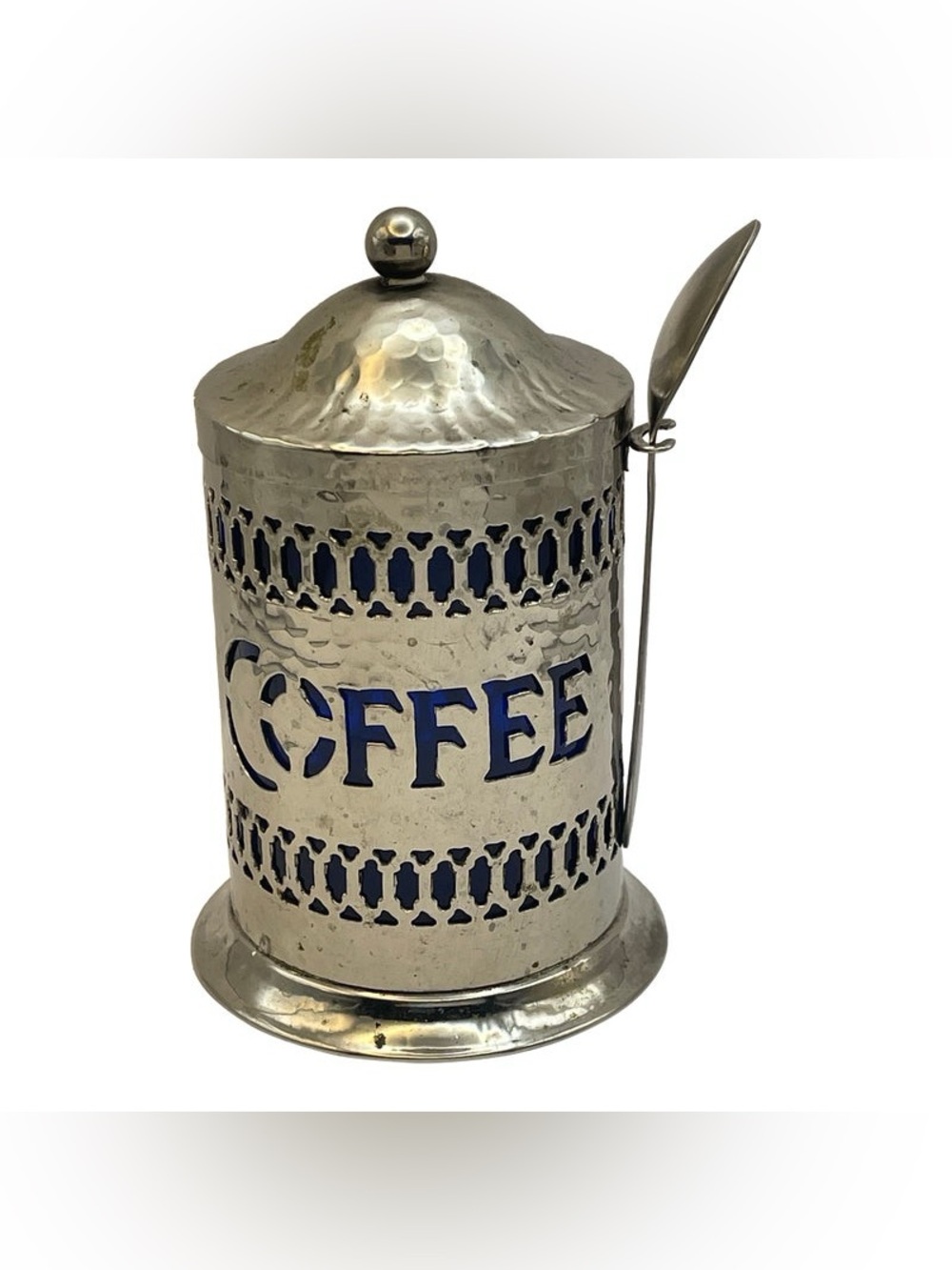 Hammered Silver Coffee Canister with Cobalt Blue Insets - Picture 11 of 12